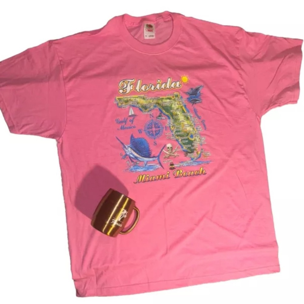 Pink Florida Miami Beach T-Shirt Size Xl w/Florida Metal Mug